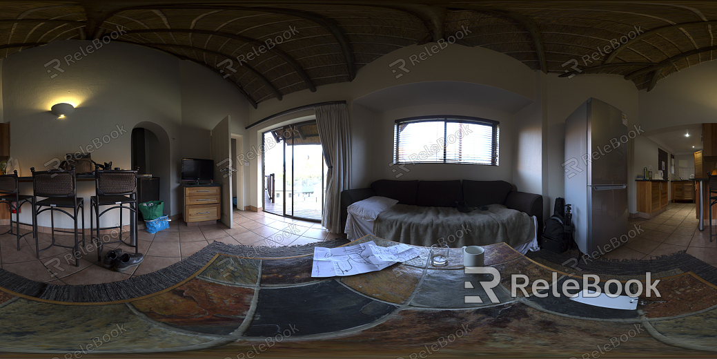 The image depicts an interior HDRI of a spacious, modern room with large windows, wooden floors, and white walls, suffused with natural light, creating a bright and airy atmosphere.