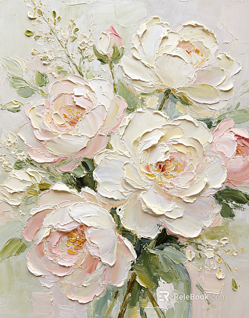 Still-life oil painting with freehand floral motifs, decorative artwork texture