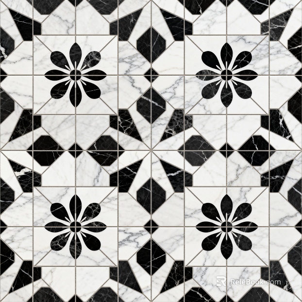 Modern Simple Antique Black and White Stone Parquet Flower Geometric Pattern Water Knife Cut Parquet Floor Tile Light Luxury Black and White Parquet Marble texture