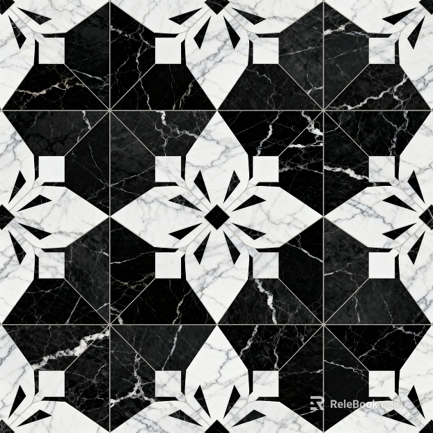 Modern Middle Ancient Style Black and White Stone Parquet Flower Geometric Pattern Water Knife Stone Parquet Floor Tile Light Luxury Black and White Parquet Marble texture