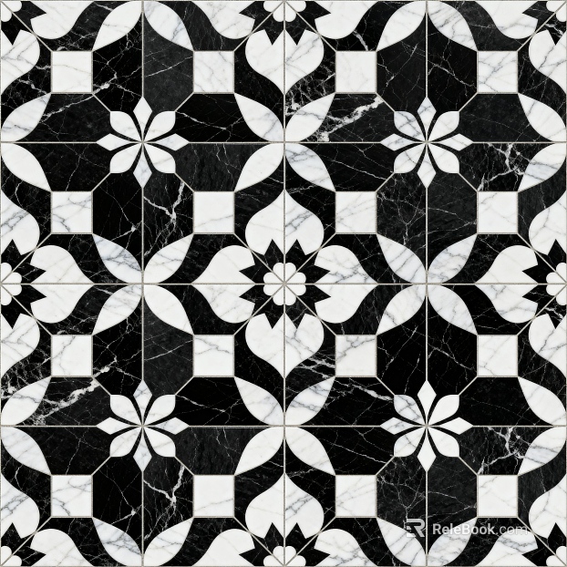 Modern Middle Ancient Style Black and White Stone Parquet Flower Geometric Pattern Water Knife Stone Parquet Floor Tile Light Luxury Black and White Parquet Marble texture