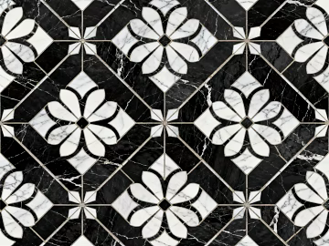 Modern Middle Ancient Style Black and White Stone Parquet Flower Geometric Pattern Water Knife Stone Parquet Floor Tile Light Luxury Black and White Parquet Marble texture (ID:ffaeh608827)