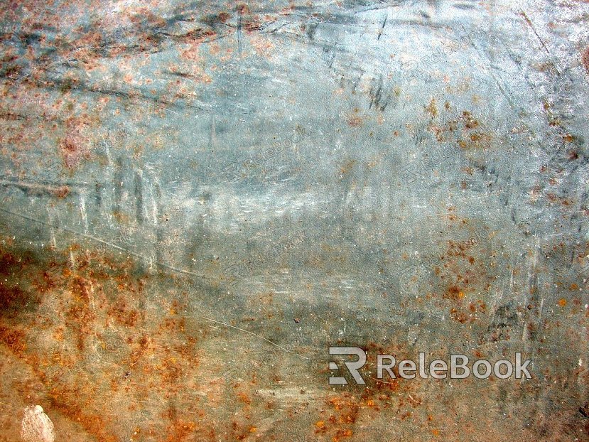 A heavily rusted metal surface, showcasing a dominant red-brown patina with patches of green corrosion, against a backdrop of peeling, weathered paint, revealing layers of history and decay.