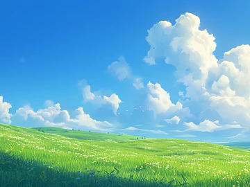 Blue Sky White Clouds Green Grass Decorative Painting 3d model