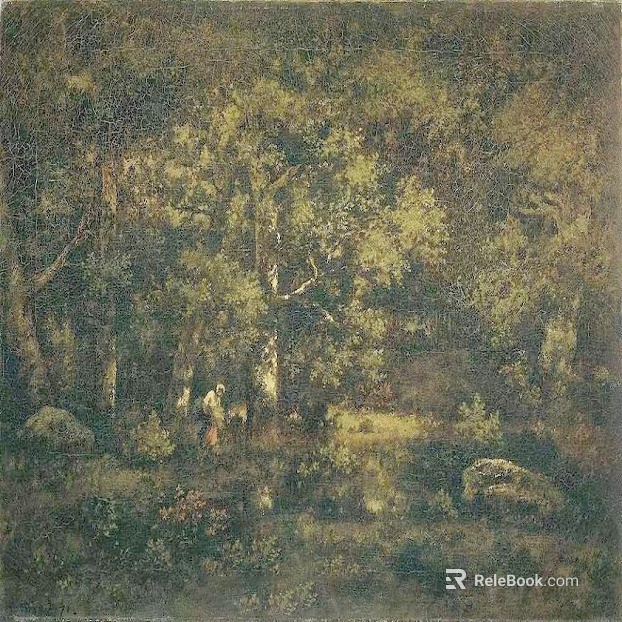 Retro Deep Green Forest Landscape Oil Painting texture