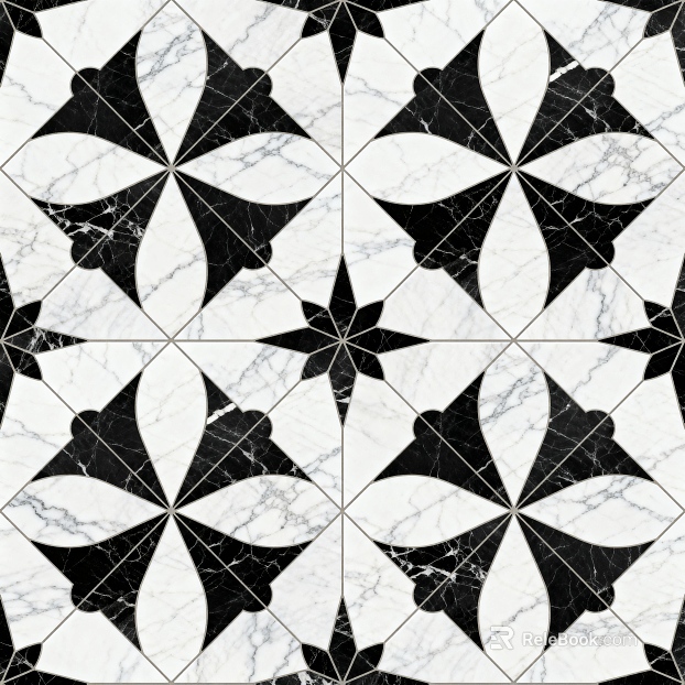 Modern Middle Ancient Style Black and White Stone Parquet Flower Geometric Pattern Water Knife Stone Parquet Floor Tile Light Luxury Black and White Parquet Marble texture