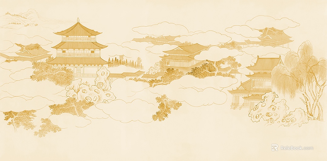 Light gold line drawing ancient building background mural texture