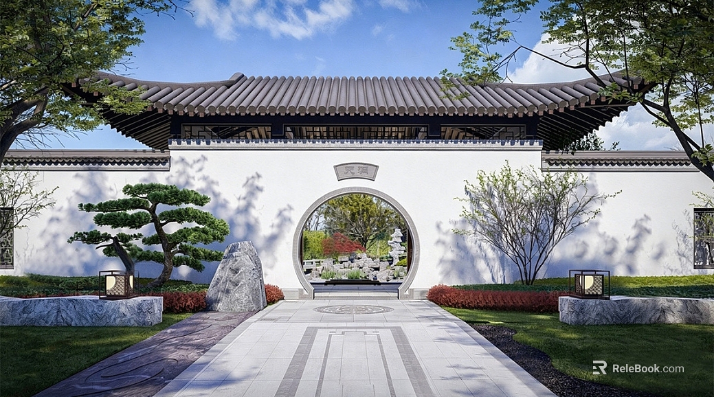 Chinese style courtyard landscape villa courtyard door texture