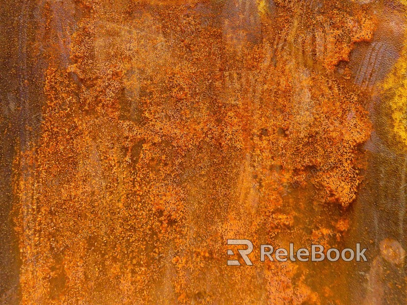 A heavily rusted metal surface, showcasing a dominant red-brown color palette with patches of orange and yellow, indicating advanced oxidation. The texture is rough and flaky, displaying the deterioration of the metal over time.