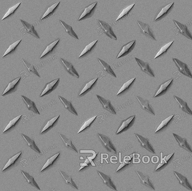 The image depicts a section of diamond plate, characterized by its distinctive raised diamond pattern on a flat surface, typically used for slip-resistant flooring or decorative purposes. It showcases a metallic silver finish with a slight gloss.