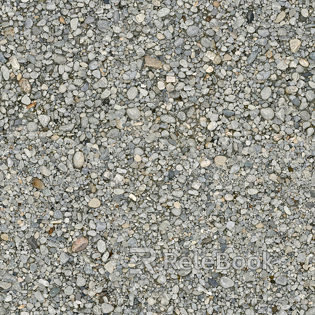 A coarse, granular texture of gravel, comprised of small, irregularly shaped stones in shades of gray, brown, and beige, scattered across a flat surface.