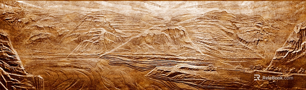 Brown yellow wood carving landscape background wall decoration texture