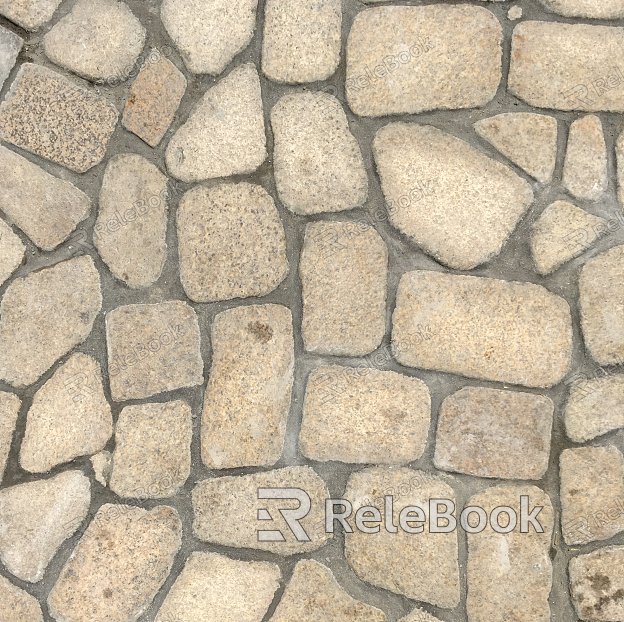 Close-up of stone paving, revealing its textured surface with irregular, interlocking stones of various shades, creating a rustic and durable pathway material.