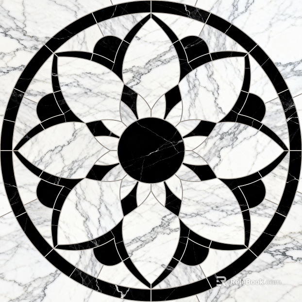 Modern Black and White Stone Parquet Flower Geometric Pattern Water Knife Cut Parquet Floor Tile Light Luxury Black and White Parquet Marble Black and White Stone Round Parquet Hallway Round Parquet texture