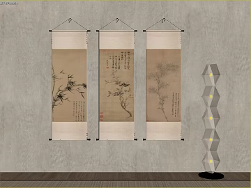 Chinese ink bamboo branch figure wall decoration painting 3d model