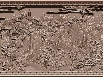 Chinese-style relief Great Wall landscape wood carving texture (ID:ffaeh994232)