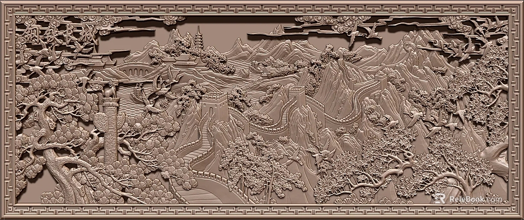Chinese-style relief Great Wall landscape wood carving texture