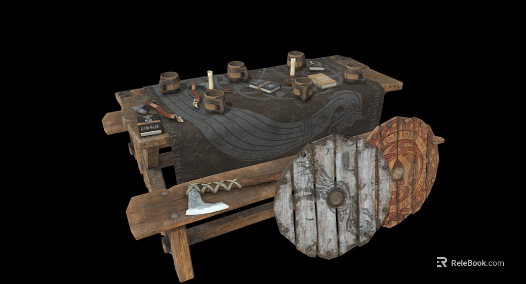 Vintage Wooden Viking Long Table Shield texture