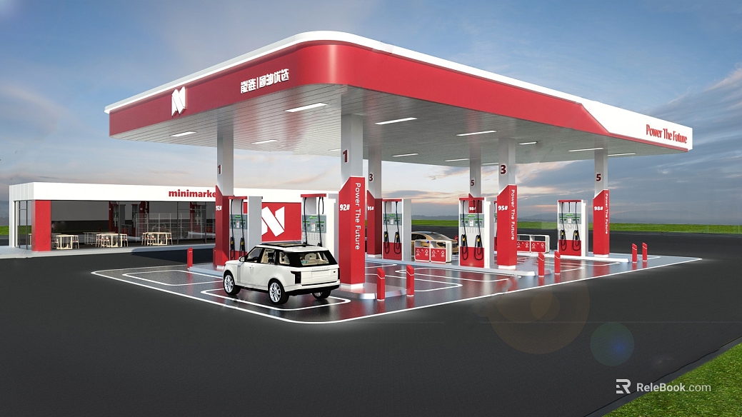 Red and white modern gas station commercial building texture