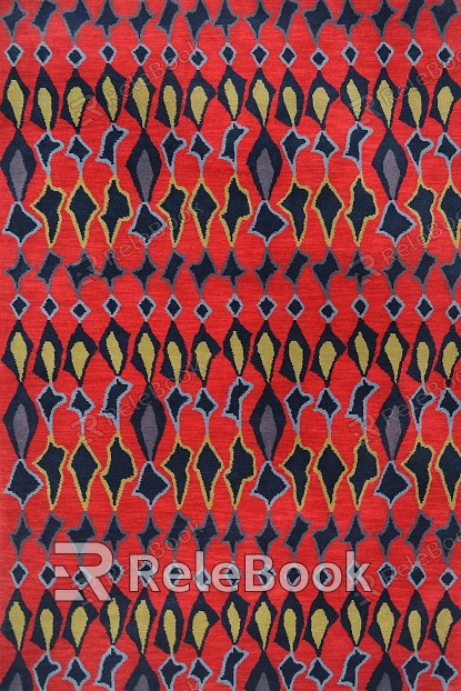 A vibrant, abstract geometric pattern square carpet, featuring a kaleidoscope of triangular segments in rich hues of red, blue, green, and yellow, creating an eye-catching, contemporary design.