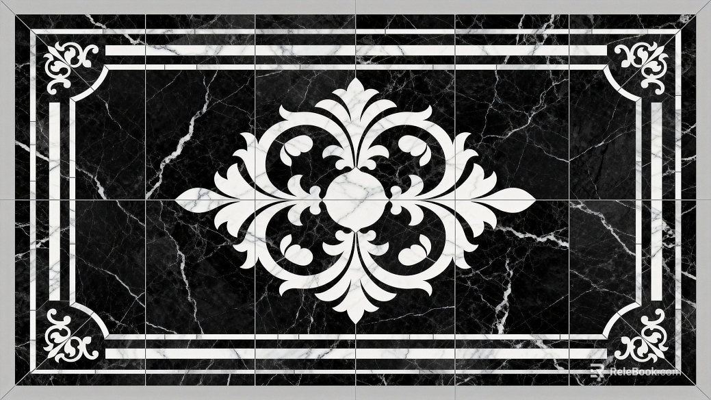 Modern Middle Ancient Style Black and White Stone Parquet Flower Geometric Pattern Water Knife Stone Parquet Floor Tile Light Luxury Black and White Parquet Marble texture