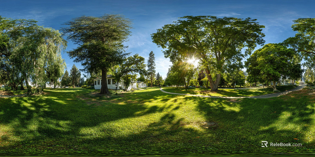 Blue Sky White Clouds Lawn Woods Landscape Panoramic HDR texture