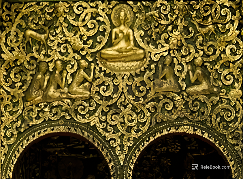 Golden Buddha Pattern Metal Embossed Religious Architectural Decoration texture