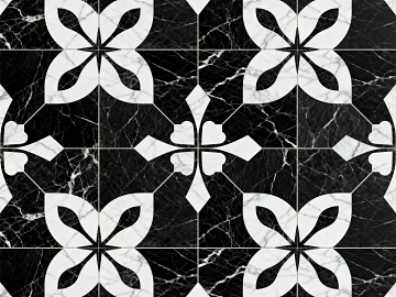 Black and White Stone Parquet Flower Geometric Pattern Water Knife Stone Parquet Floor Tile Light Luxury Black and White Parquet Marble texture (ID:ffaeh930227)