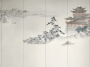 New Chinese Style Light Grey Landscape Pavilion Wallpaper 3d model