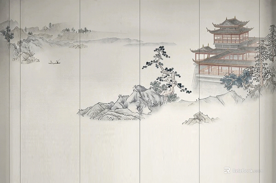 New Chinese Style Light Grey Landscape Pavilion Wallpaper texture
