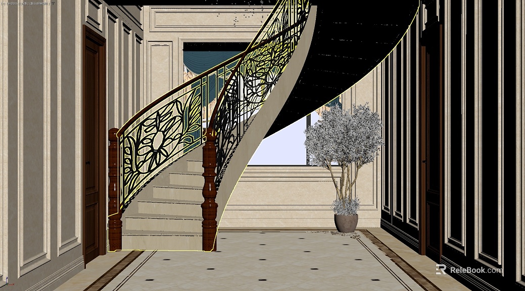 European-style carved metal stair handrail texture