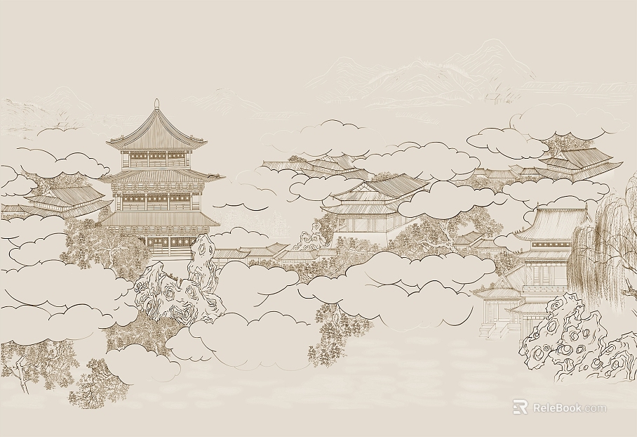 Chinese light curry architectural pattern wallpaper texture