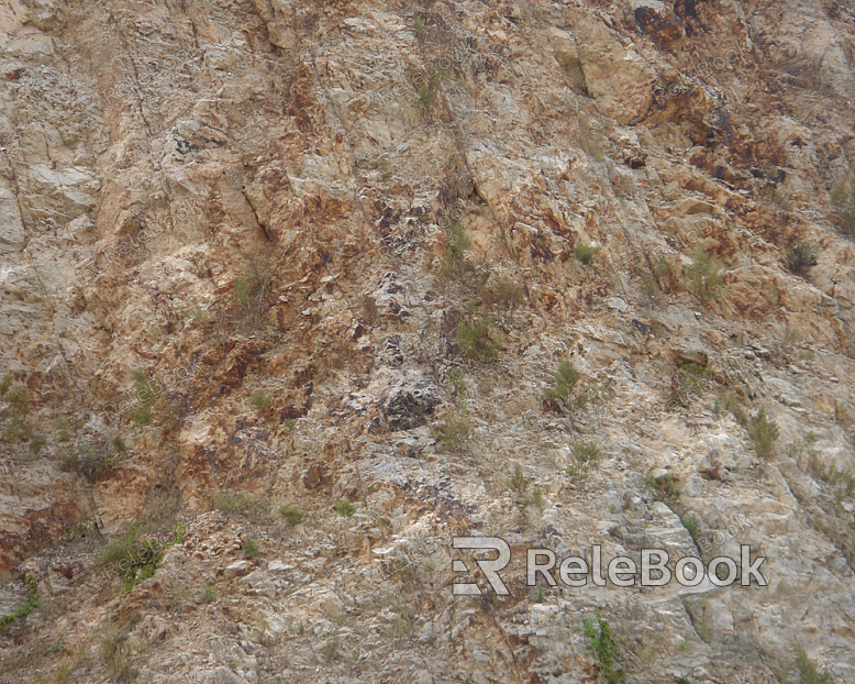 A close-up of a rugged, gray rock surface with cracks and mineral speckles, resembling a section of a larger geological formation.