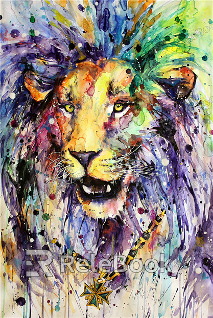 A vibrant watercolor painting of a majestic lion, king of the jungle, depicted in rich earth tones with piercing amber eyes, set against a soft, blurred background that enhances its commanding presence.