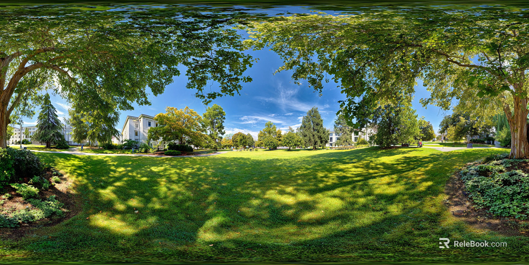 Blue Sky White Clouds Lawn Woods Landscape Panoramic HDR texture