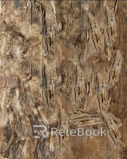 A close-up of a weathered, brown tree bark with deep, vertical cracks and moss growth, set against a blurred green background.