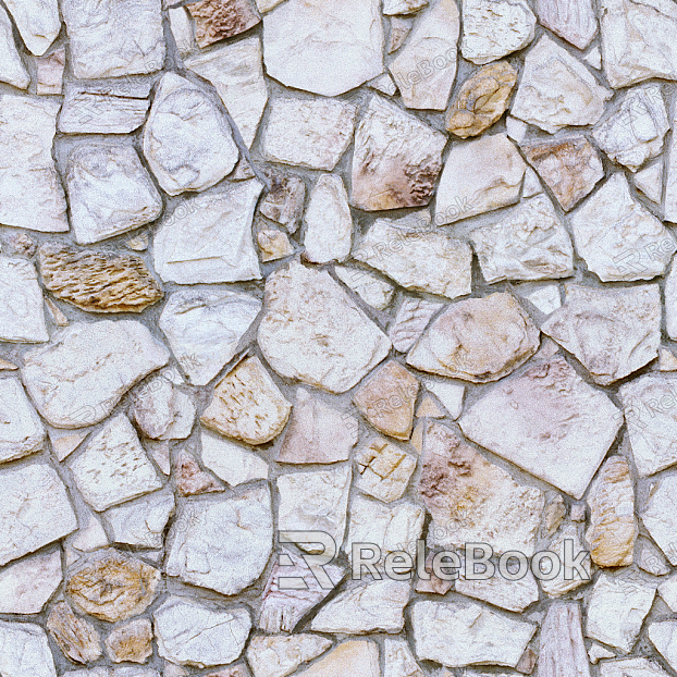 A rugged outdoor wall texture, characterized by weathered stone and mortar, with moss and lichen adding natural accents against a backdrop of lush green foliage.