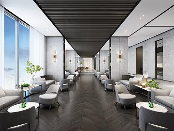 Deep gray herrings wooden floor reception space 3d model
