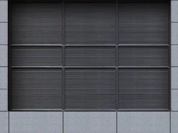 Dark gray metal rolling shutter door, building exterior wall texture (ID:ffaeh374539)