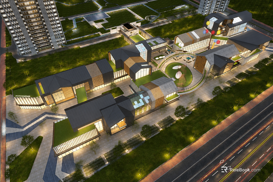 Aerial view of night view of modern commercial block texture