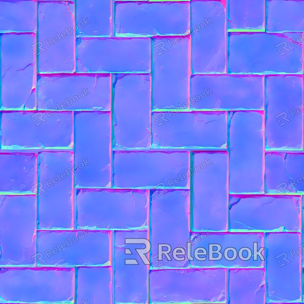 A textured image displaying a classic normal bump map, featuring an array of raised and depressed areas in various shades of blue, creating a 3D-like visual effect on a flat surface.