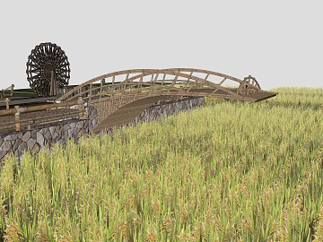 Idyllic view of wood and stone bridge between rice fields texture (ID:ffaeh261836)