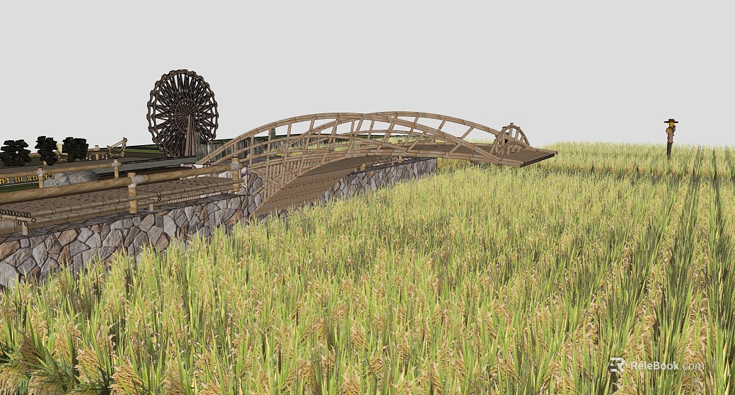 Idyllic view of wood and stone bridge between rice fields texture