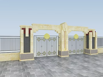 Beige stone metal gate villa entrance texture (ID:ffaeh973911)