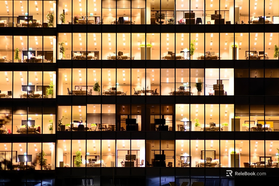 Building facades, commercial glass, interior-transmitting glass, glass with interior visibility, nighttime scenic glass, office interior-transmitting glass, office building glass. texture