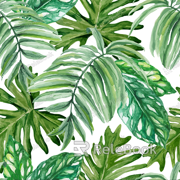 A vibrant watercolor depiction of lush, green foliage with intricate details, showcasing the natural beauty and texture of various plant leaves in a harmonious composition.