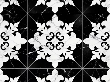 Modern Middle Ancient Style Black and White Stone Parquet Flower Geometric Pattern Water Knife Stone Parquet Floor Tile Light Luxury Black and White Parquet Marble texture (ID:ffaeh382927)