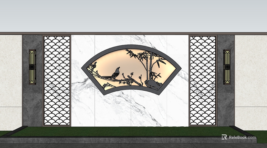 New Chinese style white marble metal fan wall texture