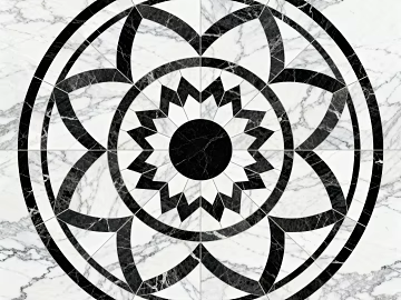 Modern Black and White Stone Parquet Flower Geometric Pattern Water Knife Cut Parquet Floor Tile Light Luxury Black and White Parquet Marble Black and White Stone Round Parquet Hallway Round Parquet texture (ID:ffaeh324377)