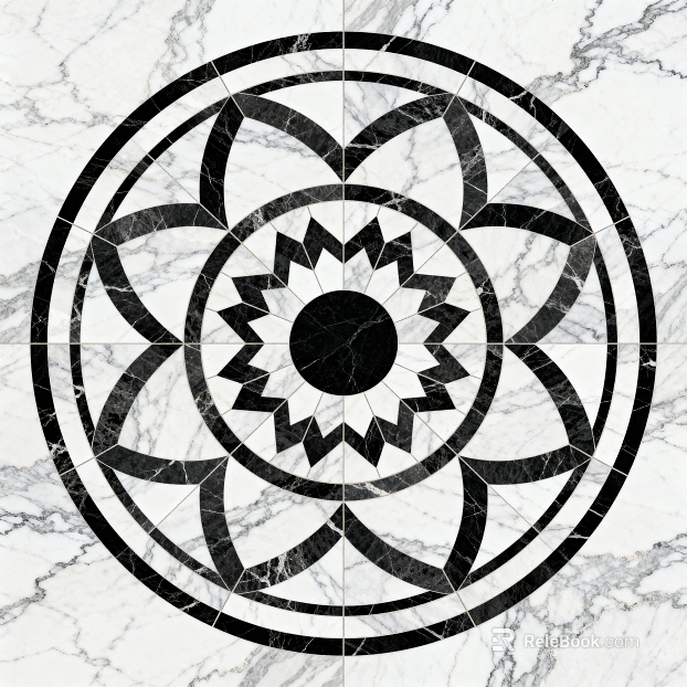 Modern Black and White Stone Parquet Flower Geometric Pattern Water Knife Cut Parquet Floor Tile Light Luxury Black and White Parquet Marble Black and White Stone Round Parquet Hallway Round Parquet texture
